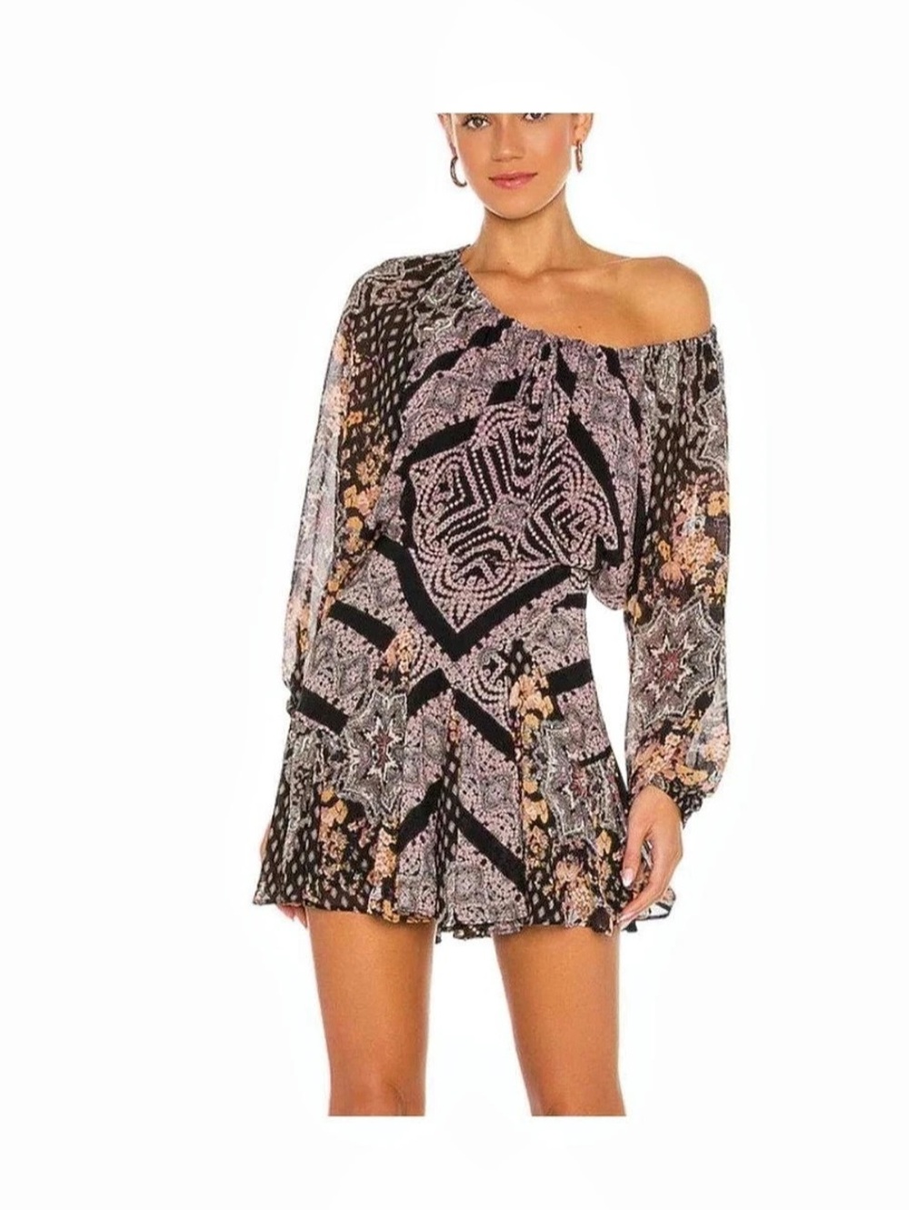 Free People Seven Wonders Mini Dress M Black Floral Open Back Boho Chiffon